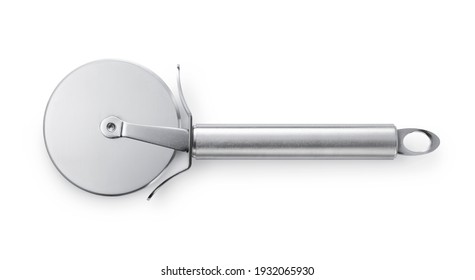 Stainless steel pizza cutter placed on a white background