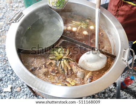 Stainless steel pot noodles with soup and meat balls