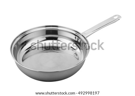 Stainless steel pots and pans isolated on white background