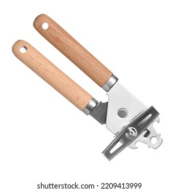 Stainless Steel Rotating Manual Tin Can Opener With Wooden Handle Isolated On White Background