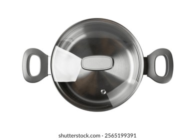 Stainless steel saucepan isolated on white background. Modern saucepan. Kitchen utensils. Cooking pan. Cooking concept. Mockup