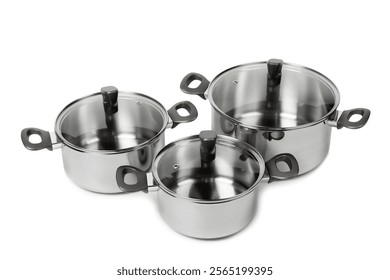 Stainless steel saucepan isolated on white background. Modern saucepan. Kitchen utensils. Cooking pan. Cooking concept. Mockup