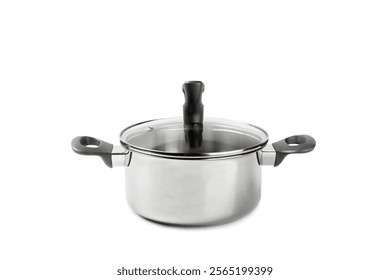 Stainless steel saucepan isolated on white background. Modern saucepan. Kitchen utensils. Cooking pan. Cooking concept. Mockup