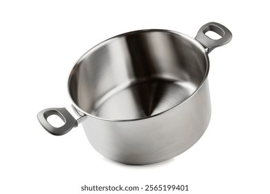 Stainless steel saucepan isolated on white background. Modern saucepan. Kitchen utensils. Cooking pan. Cooking concept. Mockup