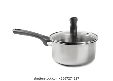 Stainless steel saucepan isolated on white background. Modern saucepan. Kitchen utensils. Cooking pan. Cooking concept. Mockup