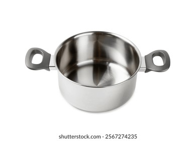 Stainless steel saucepan isolated on white background. Modern saucepan. Kitchen utensils. Cooking pan. Cooking concept. Mockup