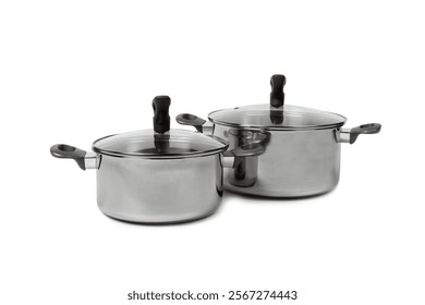 Stainless steel saucepan isolated on white background. Modern saucepan. Kitchen utensils. Cooking pan. Cooking concept. Mockup