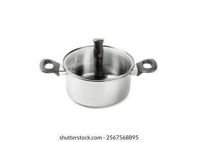 Stainless steel saucepan isolated on white background. Modern saucepan. Kitchen utensils. Cooking pan. Cooking concept. Mockup