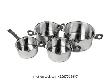 Stainless steel saucepan isolated on white background. Modern saucepan. Kitchen utensils. Cooking pan. Cooking concept. Mockup