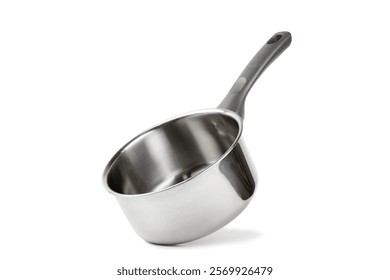 Stainless steel saucepan isolated on white background. Modern saucepan. Kitchen utensils. Cooking pan. Cooking concept. Mockup