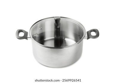 Stainless steel saucepan isolated on white background. Modern saucepan. Kitchen utensils. Cooking pan. Cooking concept. Mockup