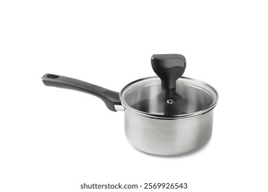 Stainless steel saucepan isolated on white background. Modern saucepan. Kitchen utensils. Cooking pan. Cooking concept. Mockup