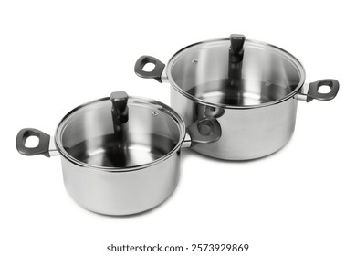 Stainless steel saucepan isolated on white background. Modern saucepan. Kitchen utensils. Cooking pan. Cooking concept. Mockup