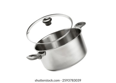 Stainless steel saucepan isolated on white background. Modern saucepan. Kitchen utensils. Cooking pan. Cooking concept. Mockup