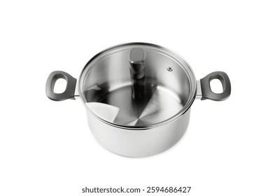 Stainless steel saucepan isolated on white background. Modern saucepan. Kitchen utensils. Cooking pan. Cooking concept. Mockup