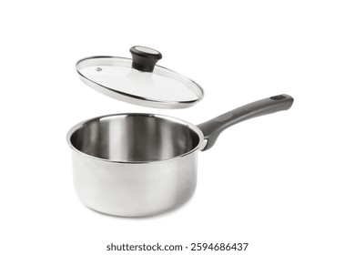 Stainless steel saucepan isolated on white background. Modern saucepan. Kitchen utensils. Cooking pan. Cooking concept. Mockup