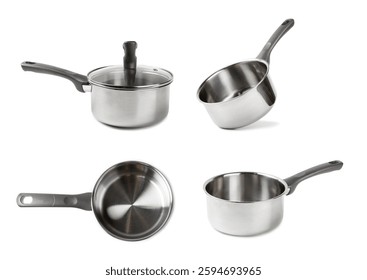 Stainless steel saucepan isolated on white background. Modern saucepan. Kitchen utensils. Cooking pan. Cooking concept. Mockup