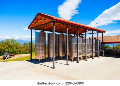 Stainless Steel Storage Tanks With Wine At The Chateau Mere Winery