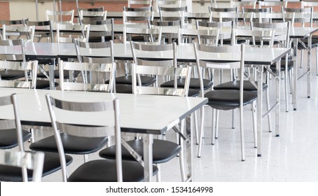 Stainless Steel Tables And Chairs In High School Student Canteen, Public Cafeteria Room Interior Background