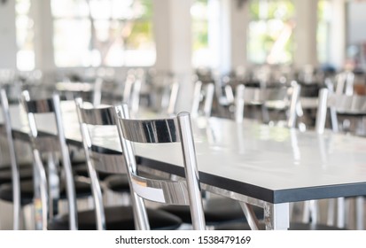 Stainless Steel Tables And Chairs In High School Student Canteen, Public Cafeteria Room Interior Background