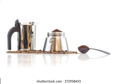 Stainless steel traditional percolater with black handle. Isolated on white background.