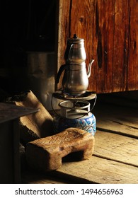 Stainless Steel Turkish Tea Pot On Bottled Gas In Village