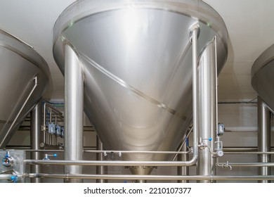 A Stainless Steel Vat In The Food Industry At A Brewery In The Process Of Brewing Beer. Background With Selective Focus And Copy Space For Text