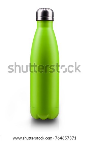 Stainless thermos water bottle, isolated on white background. Light green color. Vertical photo.
