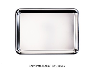 Stainless tray on white background. Top view.
