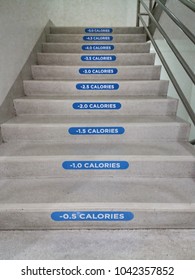 Stair that show blue calories burn count label each steps. Concept; take stair instead of lift for good health (Also save electrics). Keep fit and stay strong for new year resolution. - Shutterstock ID 1042357852