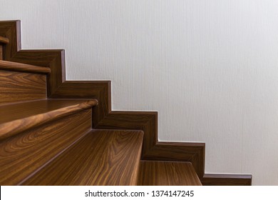 Staircase Custom Built Home Interior With Wood Staircase And White Walls. Copy Space Background