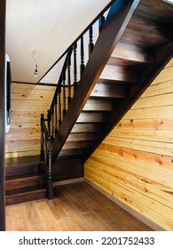 Staircase Custom Built Home Interior With Wood Staircase And White Walls. Copy Space Background.