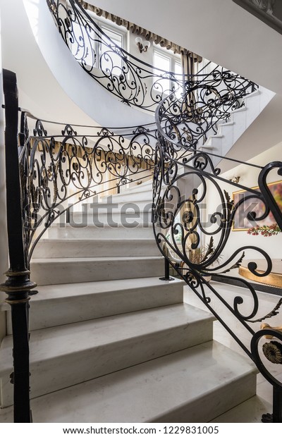 Staircase Handmade Wrought Iron Railing Luxury Stock Photo