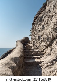 Staircase In The Mountain. Golitsyn Trail In Crimea. Mountain Range Above The Sea. Bright Day. Blue Sky. Vertical. Travel Concept. No People.