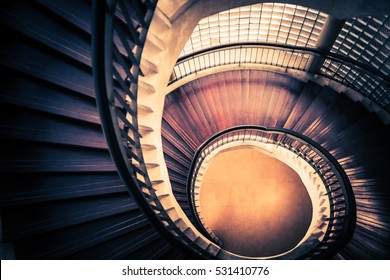 Staircase In Spiral Or Swirl Shape, Fibonacci Golden Ratio Composition, Abstract Or Architecture Concept, Dark Vintage Mysterious Tone