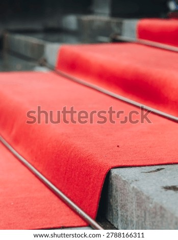 Staircase stairs with red carpet, ropes and golden barriers, luxury party entrance decorations, cinema premiere film festival event award gala, opening ceremony, wealthy rich guests arriving on steps