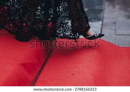 Staircase stairs with red carpet, ropes and golden barriers, luxury party entrance decorations, cinema premiere film festival event award gala, opening ceremony, wealthy rich guests arriving on steps