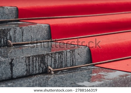 Staircase stairs with red carpet, ropes and golden barriers, luxury party entrance decorations, cinema premiere film festival event award gala, opening ceremony, wealthy rich guests arriving on steps