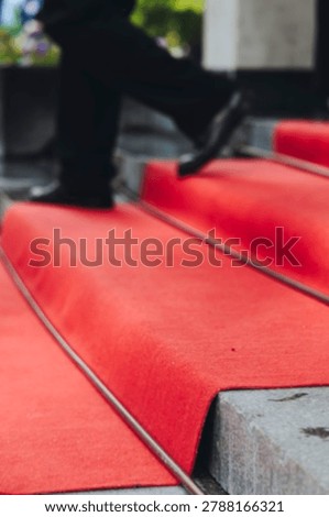 Staircase stairs with red carpet, ropes and golden barriers, luxury party entrance decorations, cinema premiere film festival event award gala, opening ceremony, wealthy rich guests arriving on steps