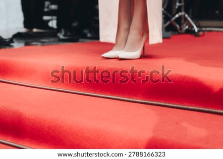 Staircase stairs with red carpet, ropes and golden barriers, luxury party entrance decorations, cinema premiere film festival event award gala, opening ceremony, wealthy rich guests arriving on steps