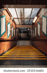 A staircase with steps going down on a subway station