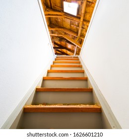 Stairs Up To The Attic Of The House. Symbol Of Movement To The Light, Exit.