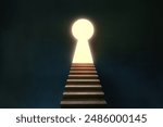 Stairs to glowing entrance keyhole shape in dark room with copy space

  