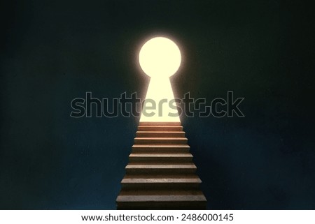 Stairs to glowing entrance keyhole shape in dark room with copy space

  
