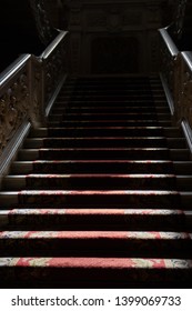 Stairs To The Haunted House. A Mysterious Passage Of Shadows Ghost In The Darkness. 