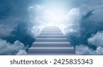 Stairs to heaven. Light and stairs guiding among dark clouds. Concept of success, spirituality, elevation and religious values.