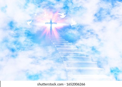 Stairs leading to the sky with a glittering cross and flying doves. Horizontal composition. - Shutterstock ID 1652006266