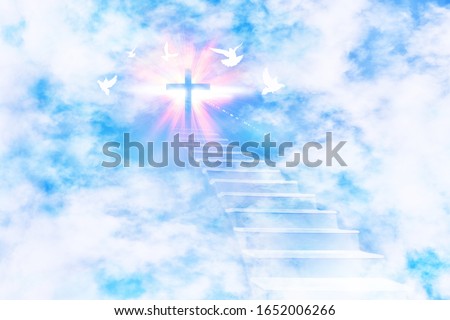 Stairs leading to the sky with a glittering cross and flying doves. Horizontal composition.