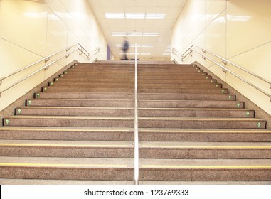 Stairs At A Metro Railway Station With Motion Blur People,  Shot In Taipei, Taiwan, Asia