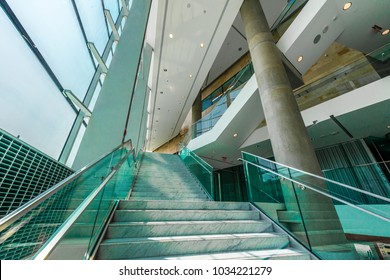 Stairs In The Modern Lobby, Hallway, Plaza, Hotel, Shopping Mall, Business Center In Vancouver, Canada. Interior Design.